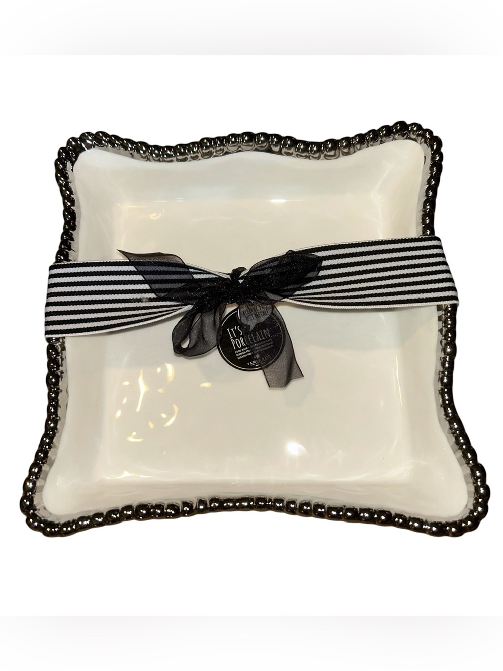 Pampa Bay Salerno porcelain cocktail napkin holder silver beaded trim New